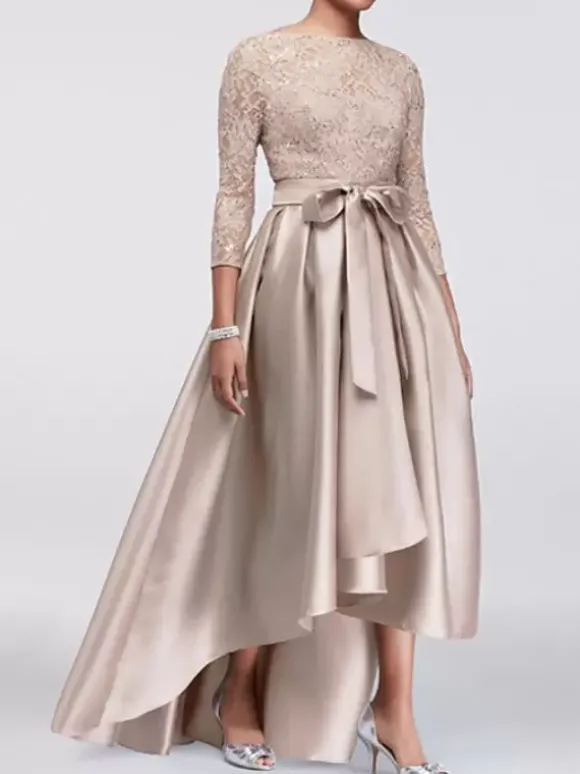 Robe de mère de mariée champagne en satin col rond dos en v manche longue asymétrique décoré de noeud robe invitée mariage