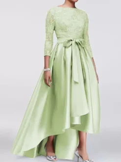 Robe de mère de mariée champagne en satin col rond dos en v manche longue asymétrique décoré de noeud robe invitée mariage