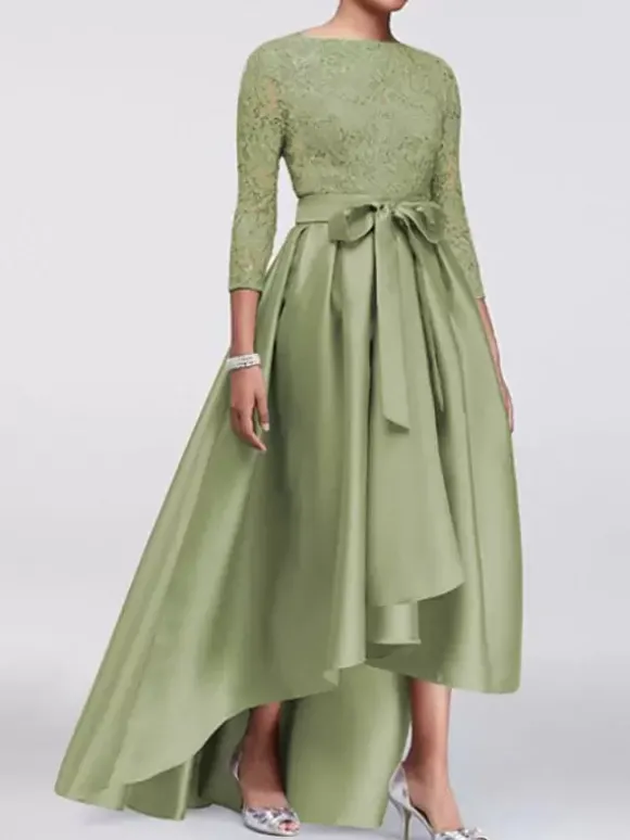 Robe de mère de mariée champagne en satin col rond dos en v manche longue asymétrique décoré de noeud robe invitée mariage
