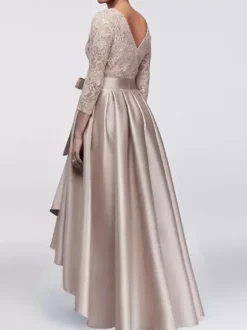 Robe de mère de mariée champagne en satin col rond dos en v manche longue asymétrique décoré de noeud robe invitée mariage