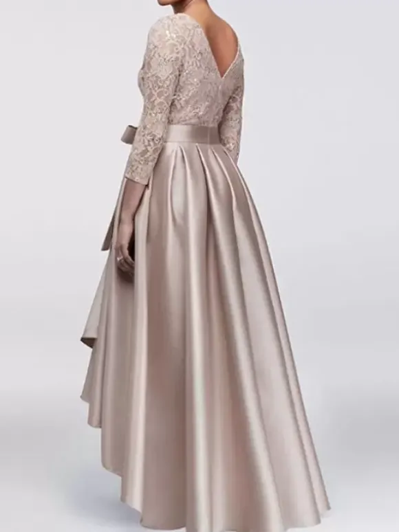 Robe de mère de mariée champagne en satin col rond dos en v manche longue asymétrique décoré de noeud robe invitée mariage