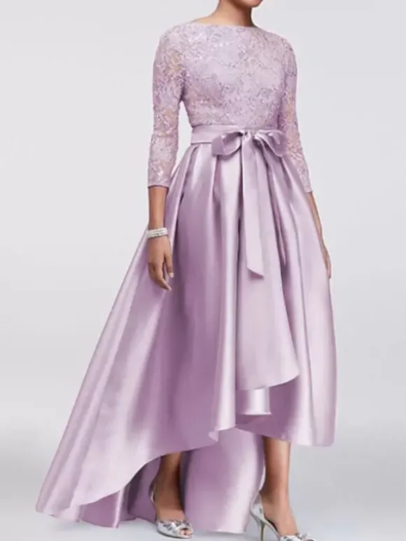 Robe de mère de mariée champagne en satin col rond dos en v manche longue asymétrique décoré de noeud robe invitée mariage