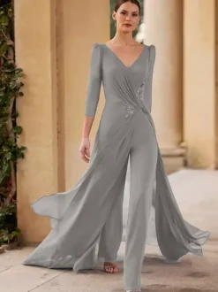 Robe de mère de mariée col en v manches 3/4 combinaison plissée longueur au sol robes d'invitées pour mariage