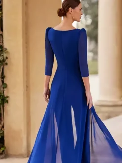 Robe de mère de mariée col en v manches 3/4 combinaison plissée longueur au sol robes d'invitées pour mariage