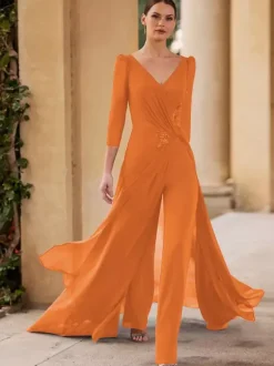 Robe de mère de mariée col en v manches 3/4 combinaison plissée longueur au sol robes d'invitées pour mariage