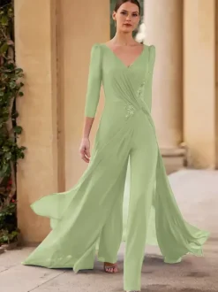 Robe de mère de mariée col en v manches 3/4 combinaison plissée longueur au sol robes d'invitées pour mariage
