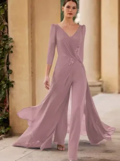 Robe de mère de mariée col en v manches 3/4 combinaison plissée longueur au sol robes d'invitées pour mariage