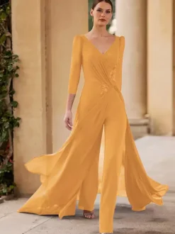 Robe de mère de mariée col en v manches 3/4 combinaison plissée longueur au sol robes d'invitées pour mariage