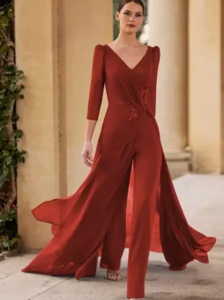 Robe de mère de mariée col en v manches 3/4 combinaison plissée longueur au sol robes d'invitées pour mariage