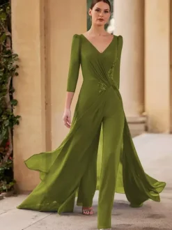 Robe de mère de mariée col en v manches 3/4 combinaison plissée longueur au sol robes d'invitées pour mariage