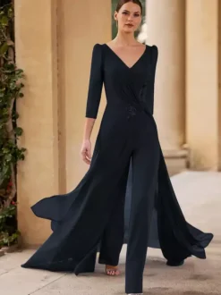 Robe de mère de mariée col en v manches 3/4 combinaison plissée longueur au sol robes d'invitées pour mariage