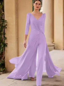Robe de mère de mariée col en v manches 3/4 combinaison plissée longueur au sol robes d'invitées pour mariage