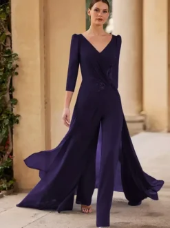 Robe de mère de mariée col en v manches 3/4 combinaison plissée longueur au sol robes d'invitées pour mariage