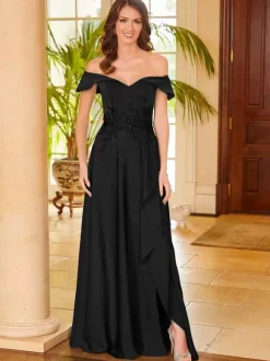 Robe de mère de mariée col en v sans manches fendue sur le devant ligne a robes d'invitées pour mariage