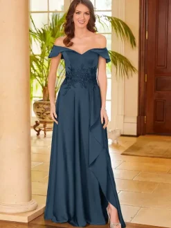 Robe de mère de mariée col en v sans manches fendue sur le devant ligne a robes d'invitées pour mariage