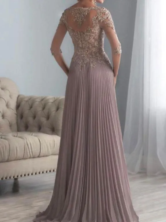 Robe de mère de mariée col rond demi-manche zip sur dos longuer au sol Robe d'invité de mariage