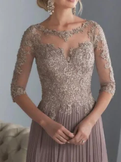Robe de mère de mariée col rond demi-manche zip sur dos longuer au sol Robe d'invité de mariage