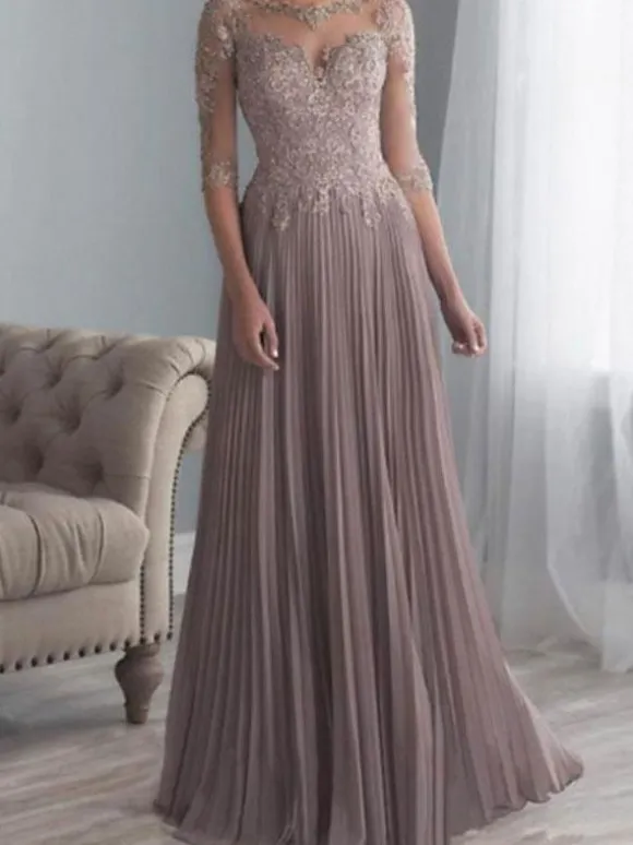 Robe de mère de mariée col rond demi-manche zip sur dos longuer au sol Robe d'invité de mariage