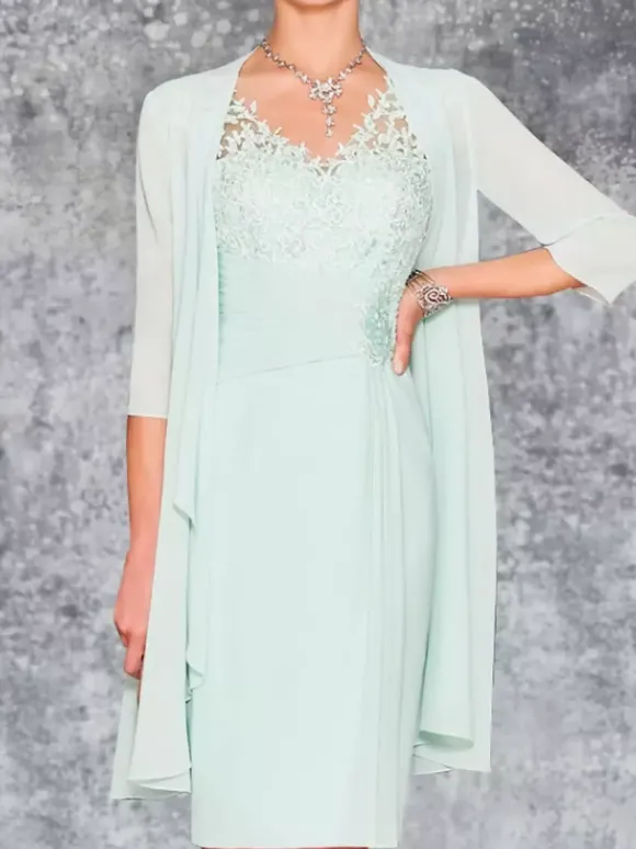 Robe de mère de mariée deux pièces robe col v sans manche veste manche longue