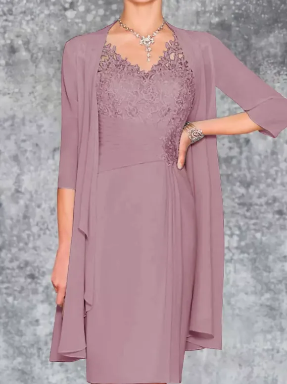 Robe de mère de mariée deux pièces robe col v sans manche veste manche longue
