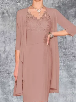 Robe de mère de mariée deux pièces robe col v sans manche veste manche longue