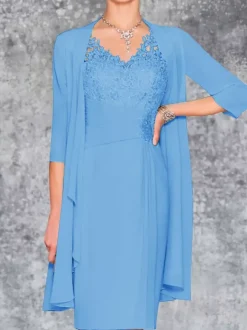 Robe de mère de mariée deux pièces robe col v sans manche veste manche longue