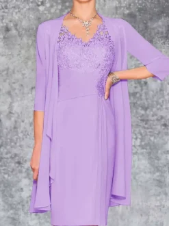 Robe de mère de mariée deux pièces robe col v sans manche veste manche longue