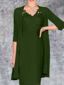 Robe de mère de mariée deux pièces robe col v sans manche veste manche longue