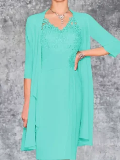 Robe de mère de mariée deux pièces robe col v sans manche veste manche longue
