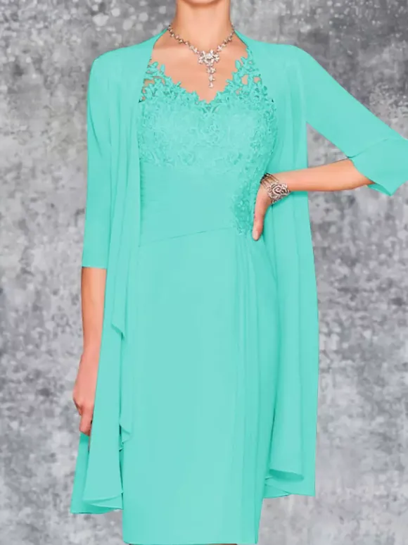 Robe de mère de mariée deux pièces robe col v sans manche veste manche longue