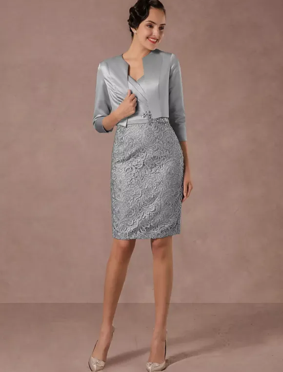 Robe de mère de mariée deux pièces bleu jupe au genou en dentelle robe invitée mariage