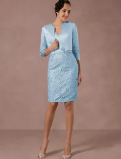 Robe de mère de mariée deux pièces bleu jupe au genou en dentelle robe invitée mariage