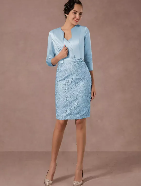 Robe de mère de mariée deux pièces bleu jupe au genou en dentelle robe invitée mariage