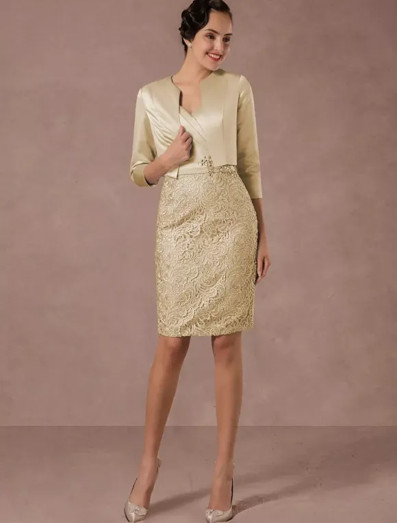 Robe de mère de mariée deux pièces bleu jupe au genou en dentelle robe invitée mariage