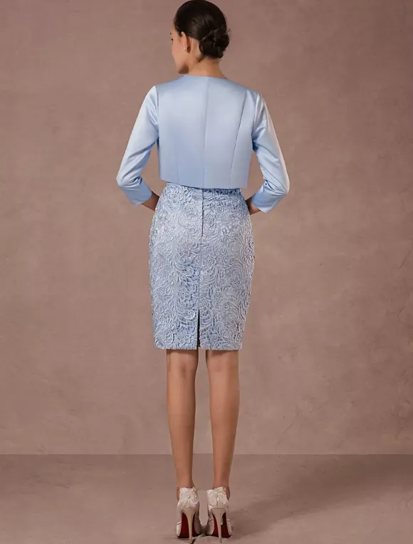 Robe de mère de mariée deux pièces bleu jupe au genou en dentelle robe invitée mariage