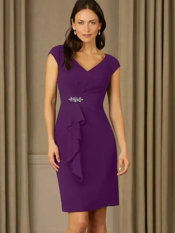Robe de mère de mariée fourreau en mousseline col V manche courte zip sur dos
