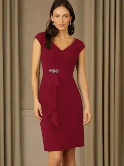 Robe de mère de mariée fourreau en mousseline col V manche courte zip sur dos