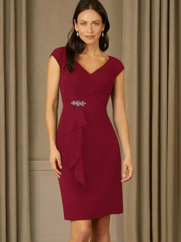 Robe de mère de mariée fourreau en mousseline col V manche courte zip sur dos