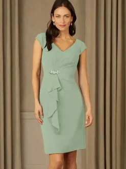 Robe de mère de mariée fourreau en mousseline col V manche courte zip sur dos