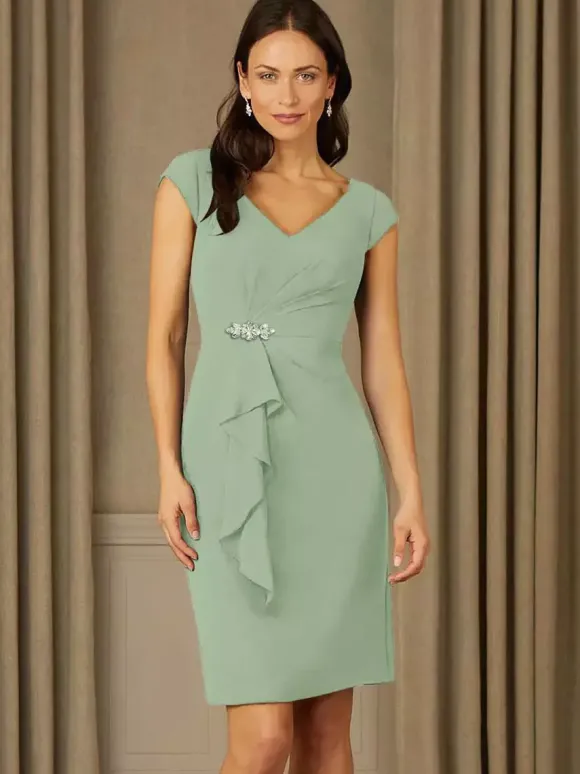 Robe de mère de mariée fourreau en mousseline col V manche courte zip sur dos