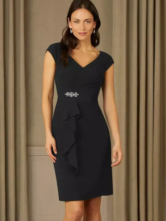 Robe de mère de mariée fourreau en mousseline col V manche courte zip sur dos