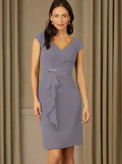 Robe de mère de mariée fourreau en mousseline col V manche courte zip sur dos