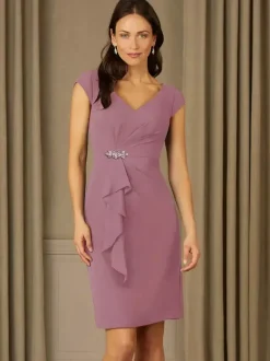 Robe de mère de mariée fourreau en mousseline col V manche courte zip sur dos