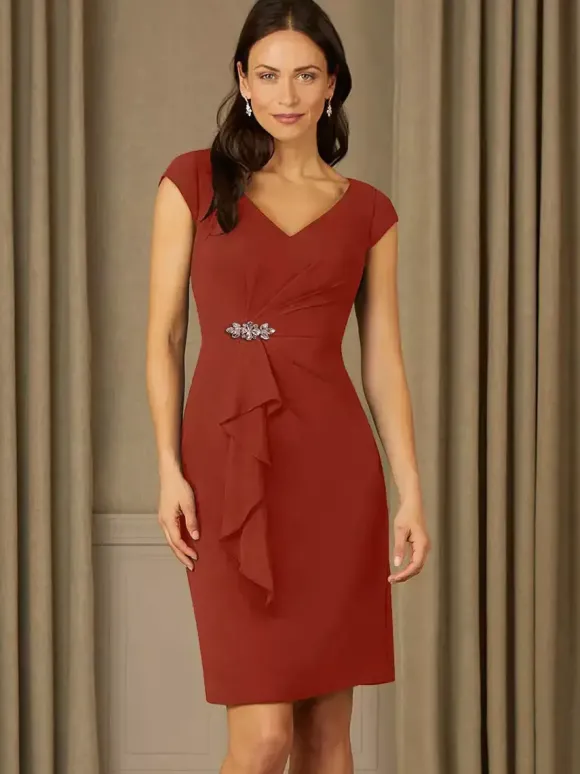 Robe de mère de mariée fourreau en mousseline col V manche courte zip sur dos