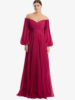Robe de mère de mariée hors de l'épaule manche longue plissé au sol Robe d'invité de mariage