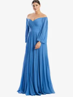 Robe de mère de mariée hors de l'épaule manche longue plissé au sol Robe d'invité de mariage