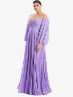 Robe de mère de mariée hors de l'épaule manche longue plissé au sol Robe d'invité de mariage