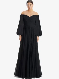 Robe de mère de mariée hors de l'épaule manche longue plissé au sol Robe d'invité de mariage