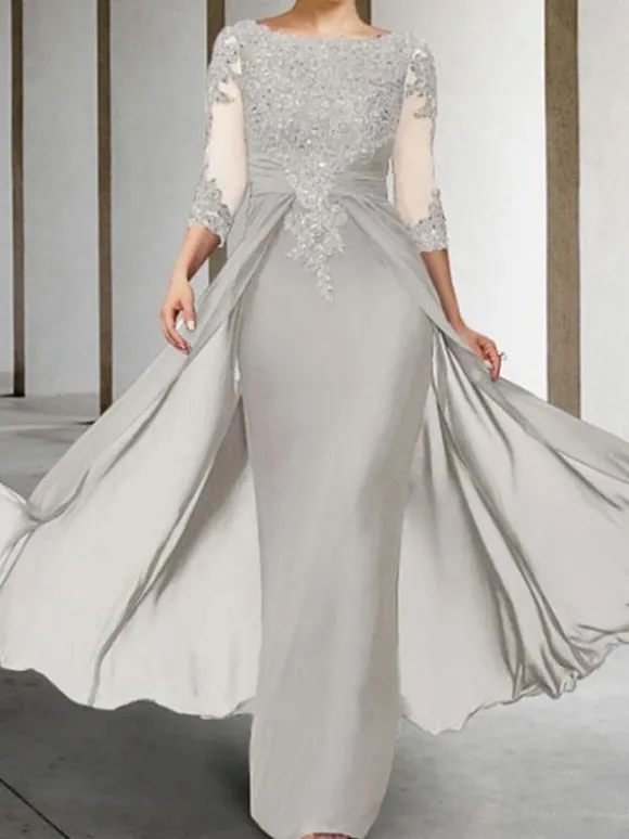 Robe de mère de mariée Robe de mariage d'invitée prune en chiffon col rond 3/4 manches transparente zip sur dos