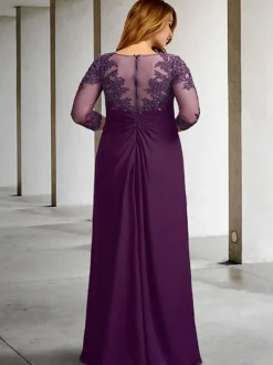 Robe de mère de mariée Robe de mariage d'invitée prune en chiffon col rond 3/4 manches transparente zip sur dos